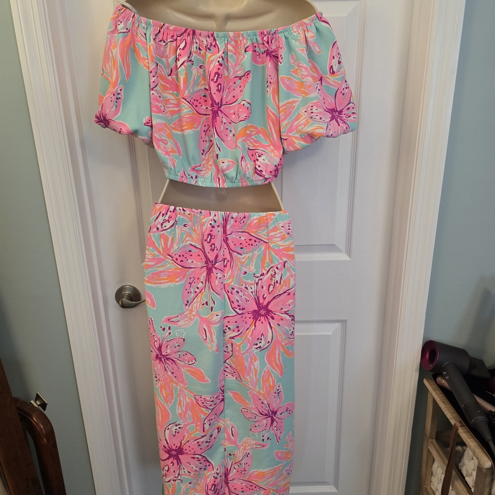 Lilly Pulitzer Aqua Floral Maxi Dress with Pink & Coral Blooms - Picture 9 of 11